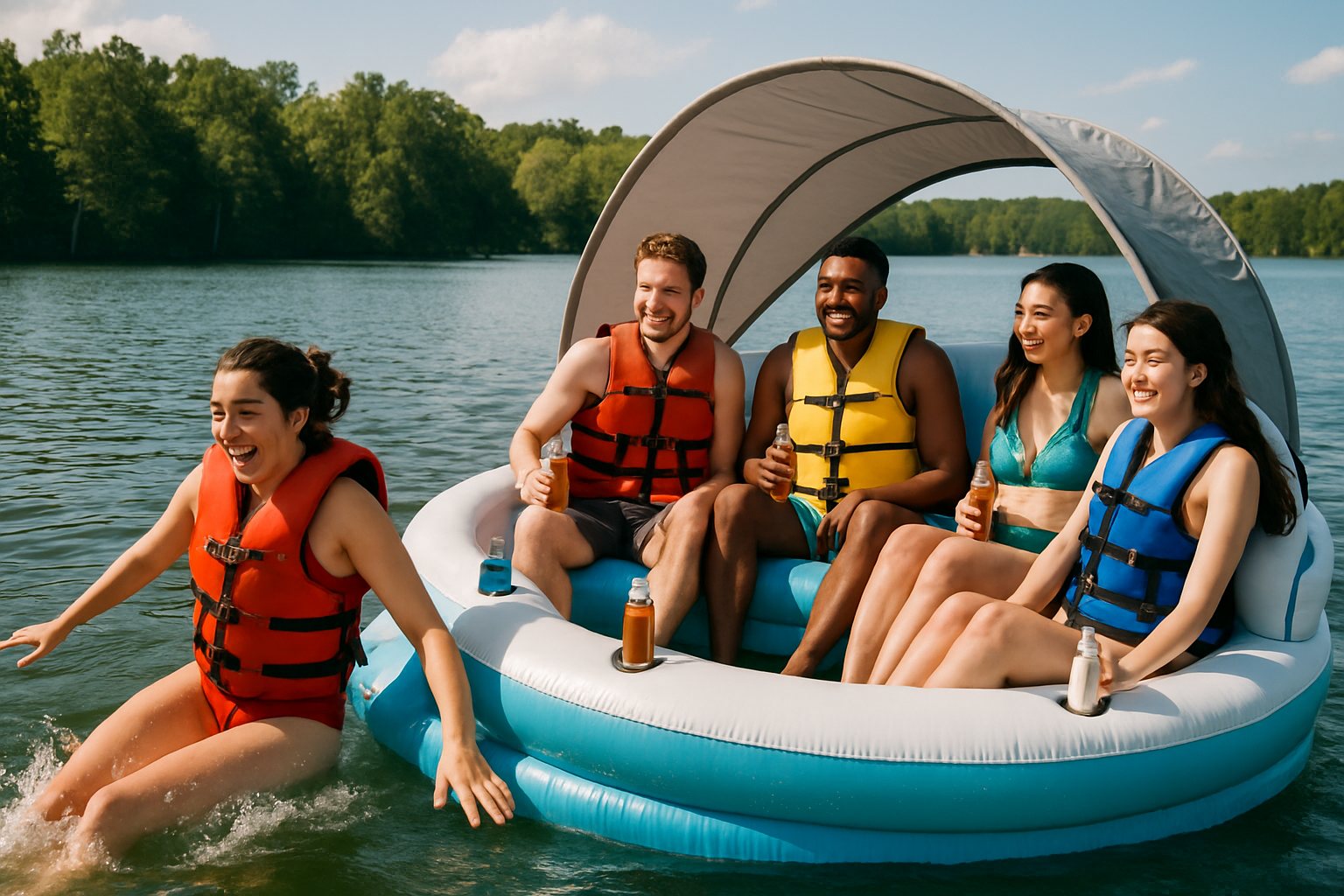 Adult friends relaxing on an inflatable floating island lounge