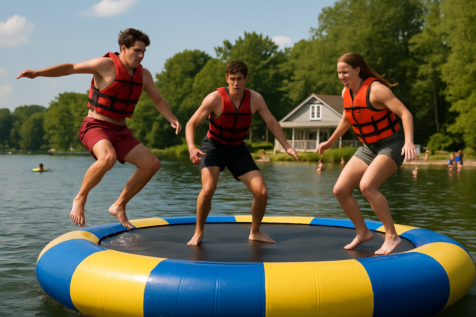 Adults in life jackets bouncing on a water trampoline on a lake