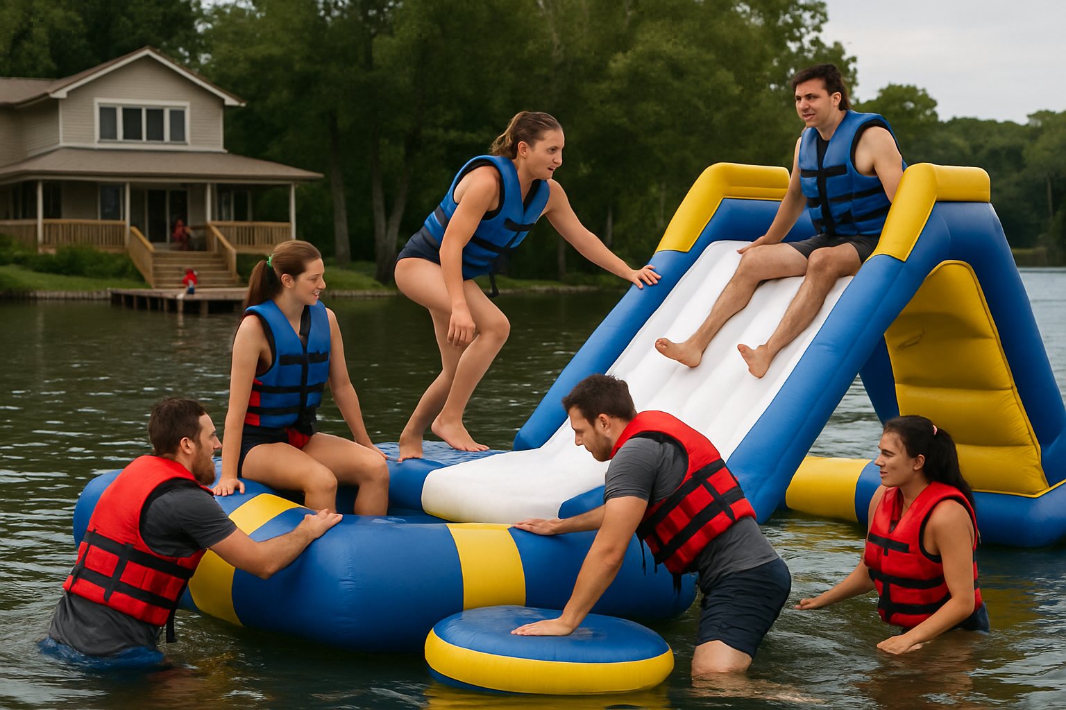 Inflatable water park off a lake house