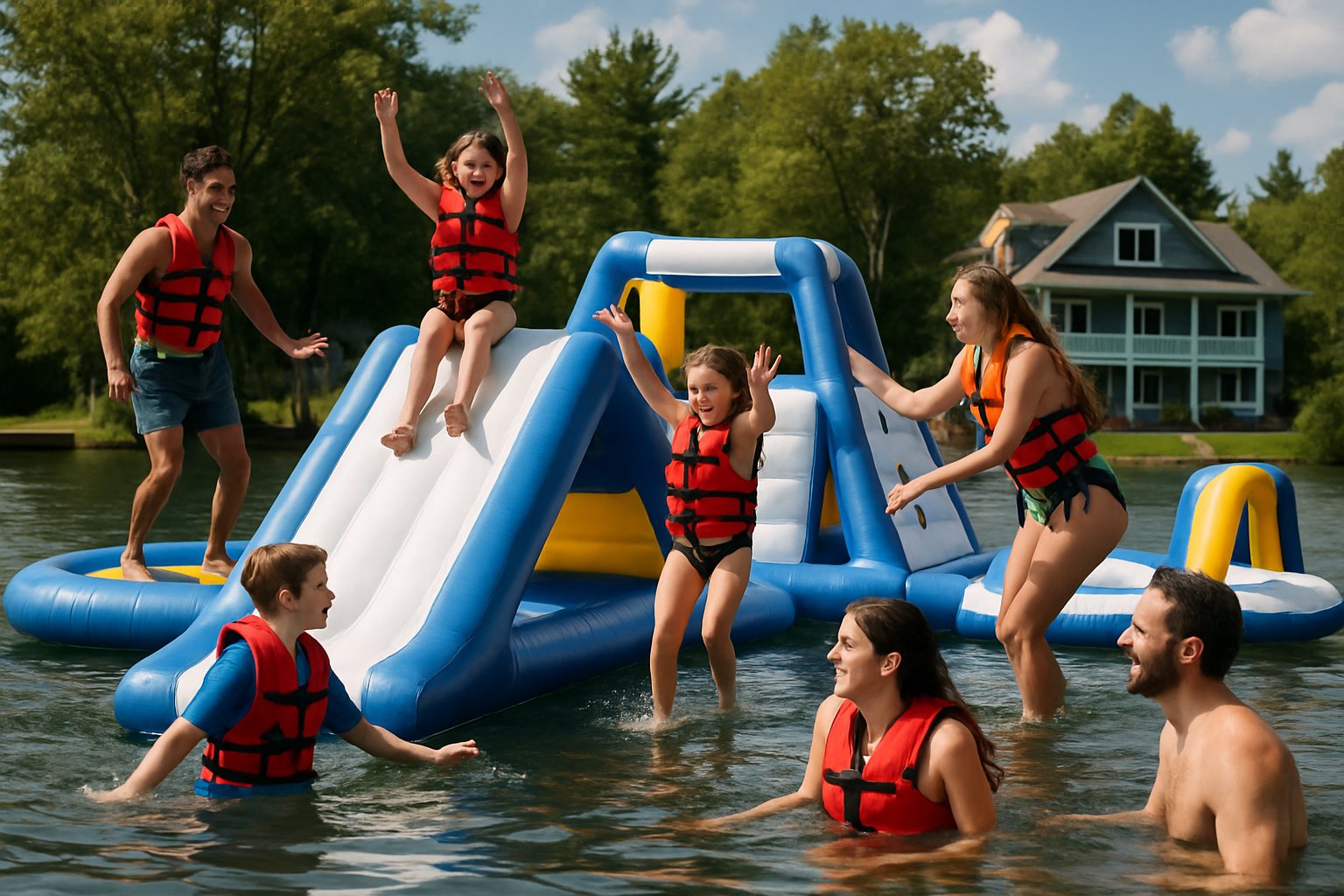 Inflatable water park off a lake house