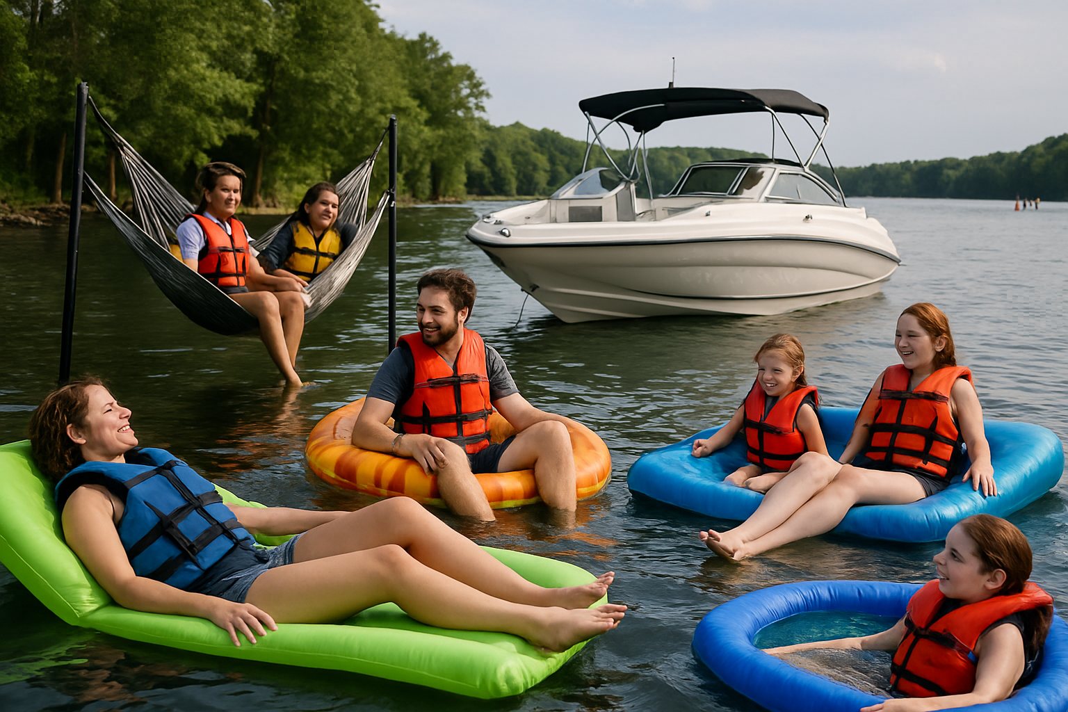 Friends on lake floats