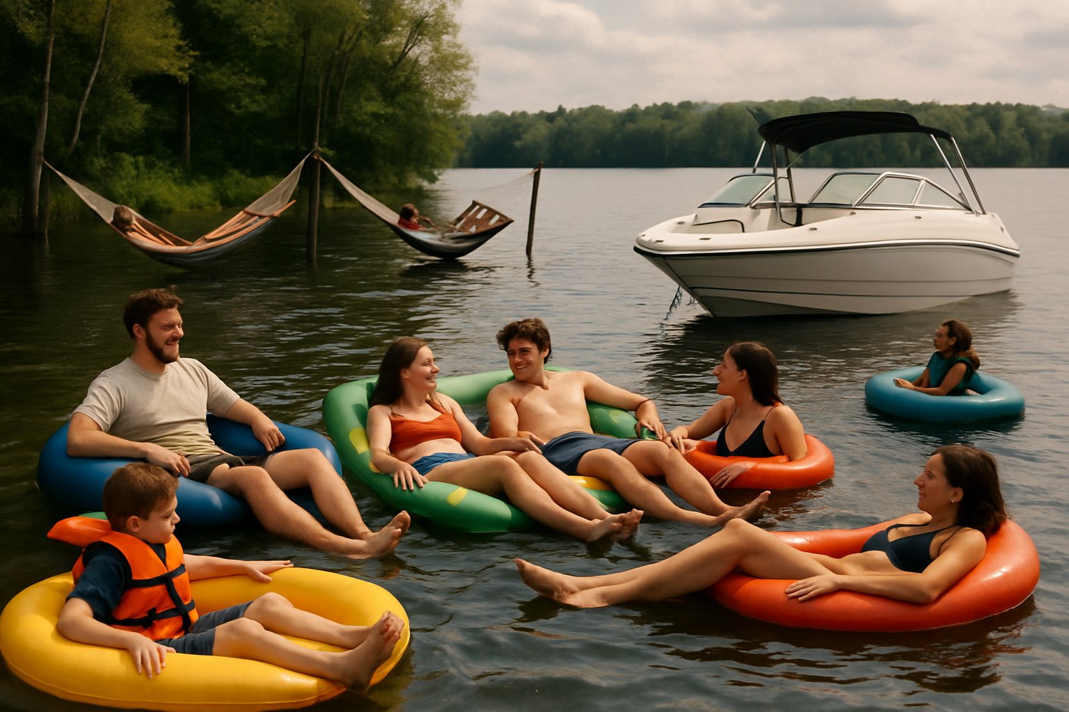 Friends on lake floats