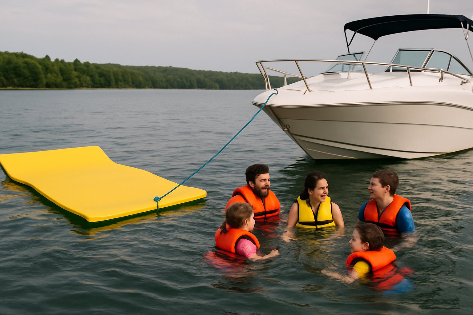 Floating mat kept clear of a boat's stern