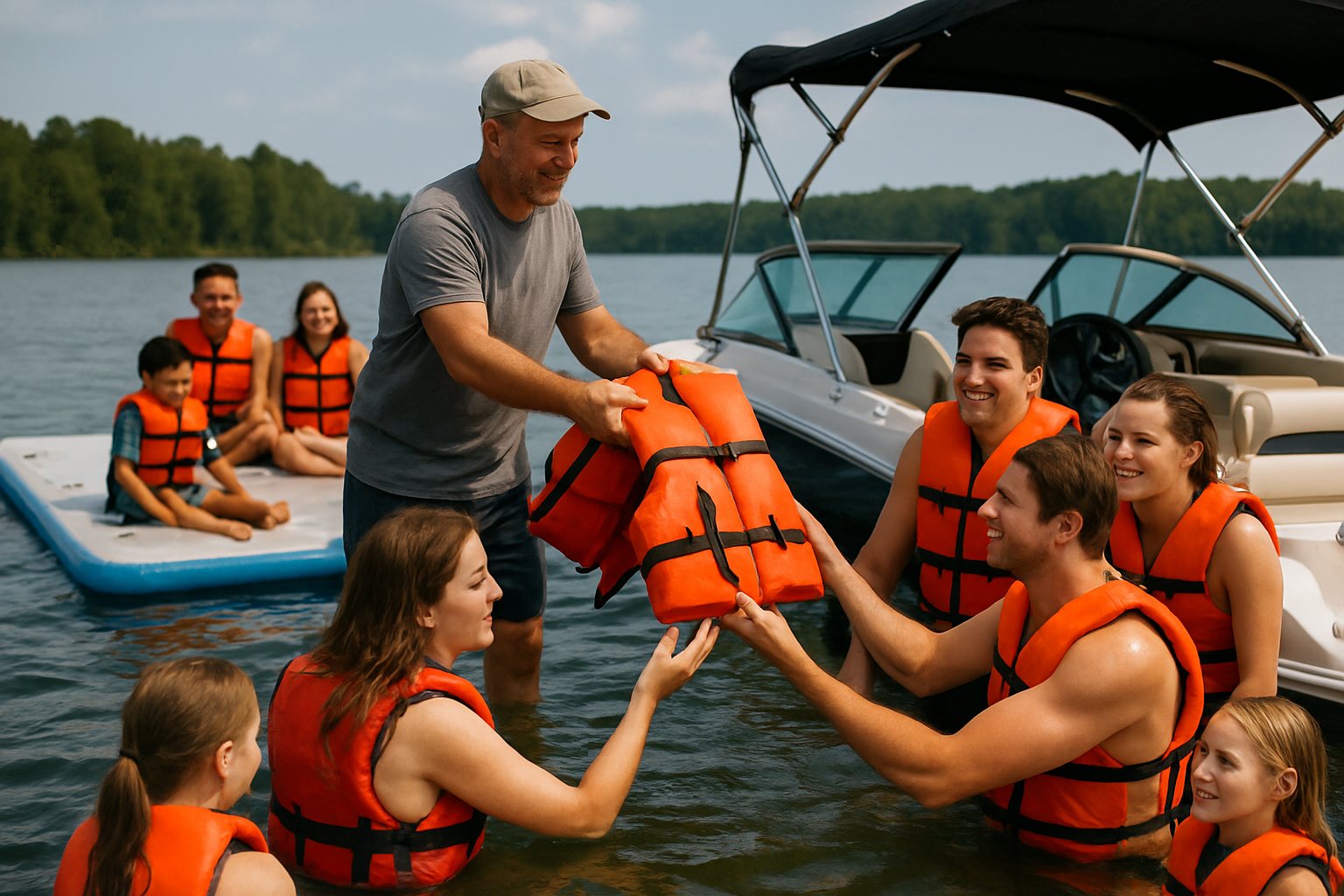 Boat owner handing out life jackets