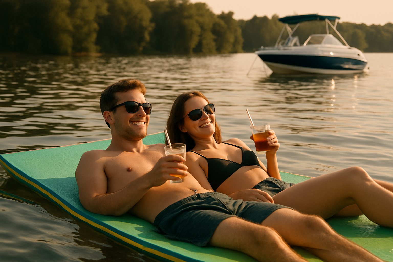 A couple lying on a lily pad water mat on a calm lake