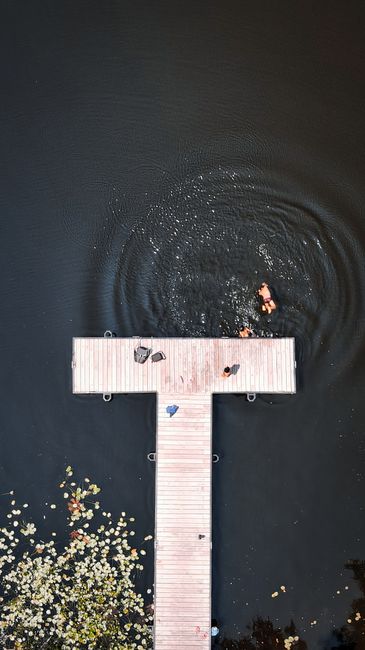 Aerial shot of a pier extending into a lake with people swimming nearby, captured during summer.