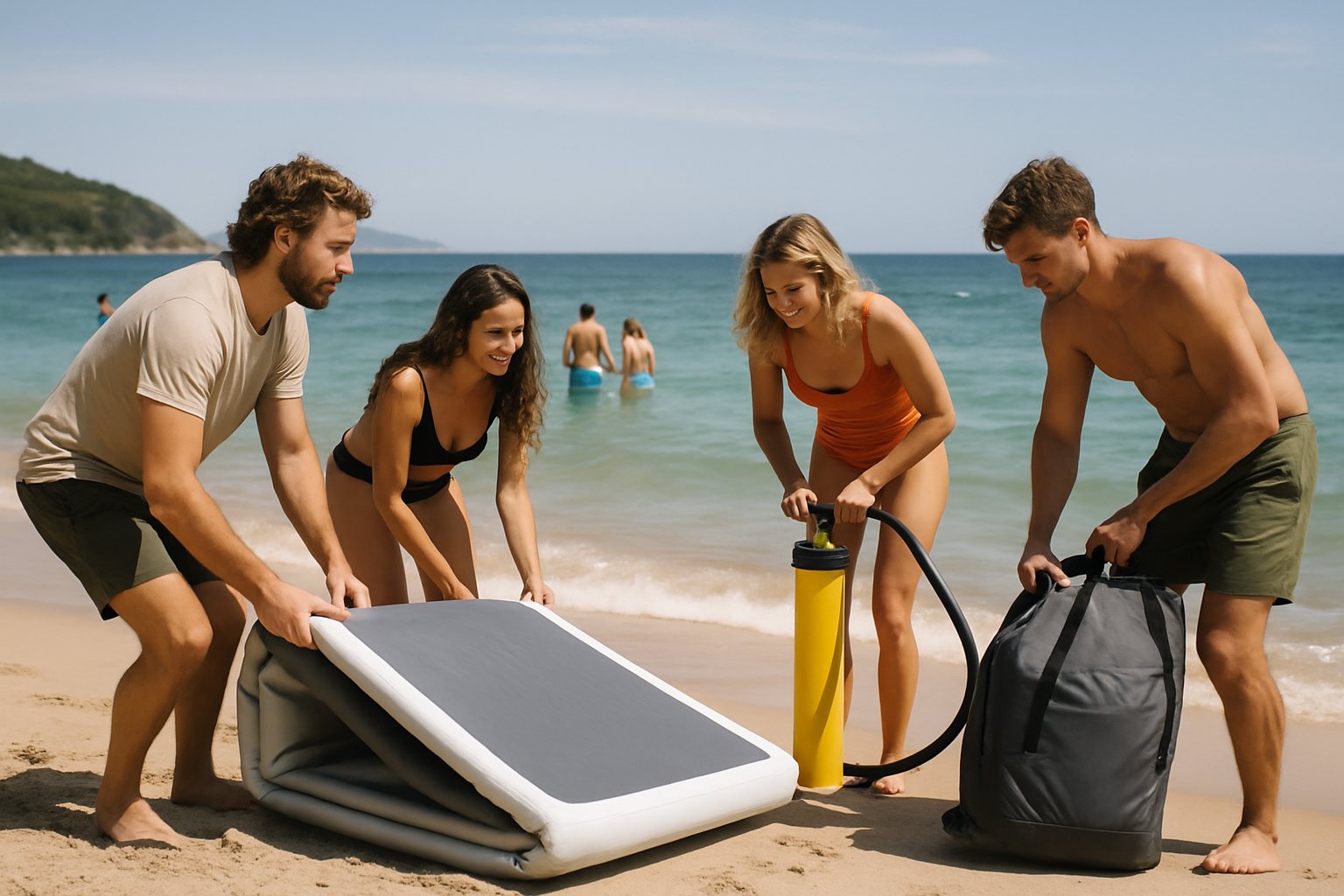 Friends unpacking an inflatable platform