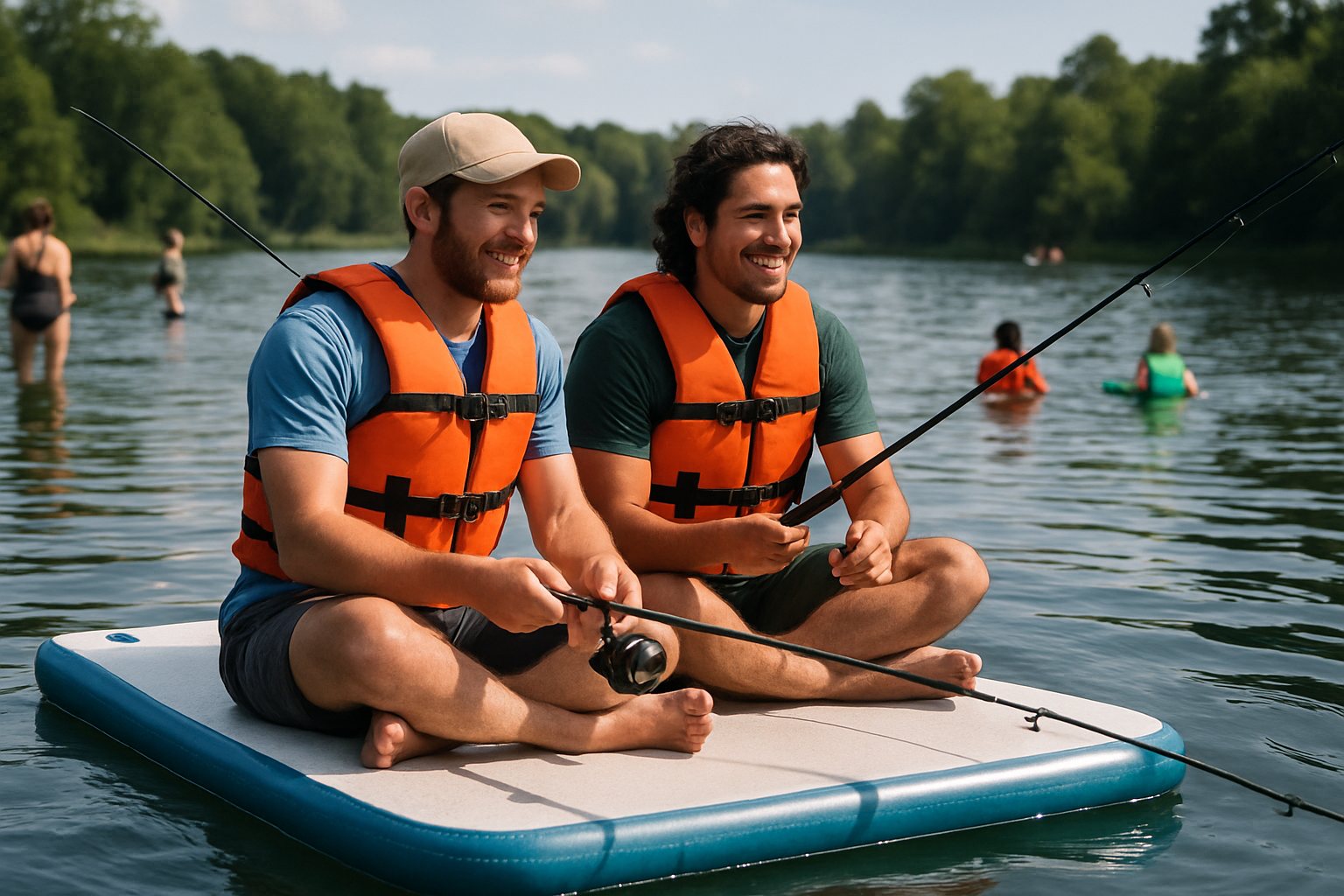 Friends fishing from an inflatable platform