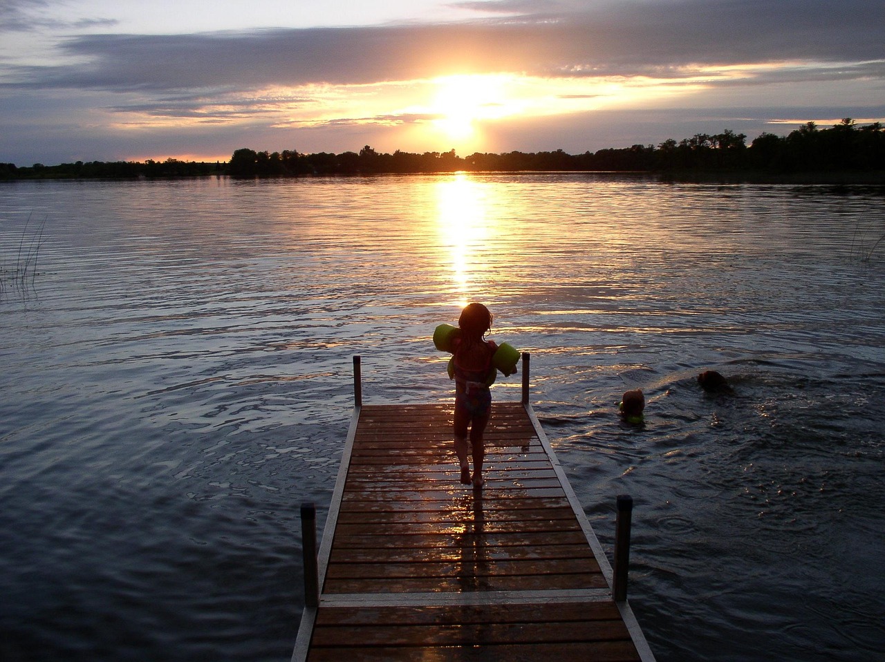 Kid, lake, dock, swimming, nature, summer, sunset, childhood, child