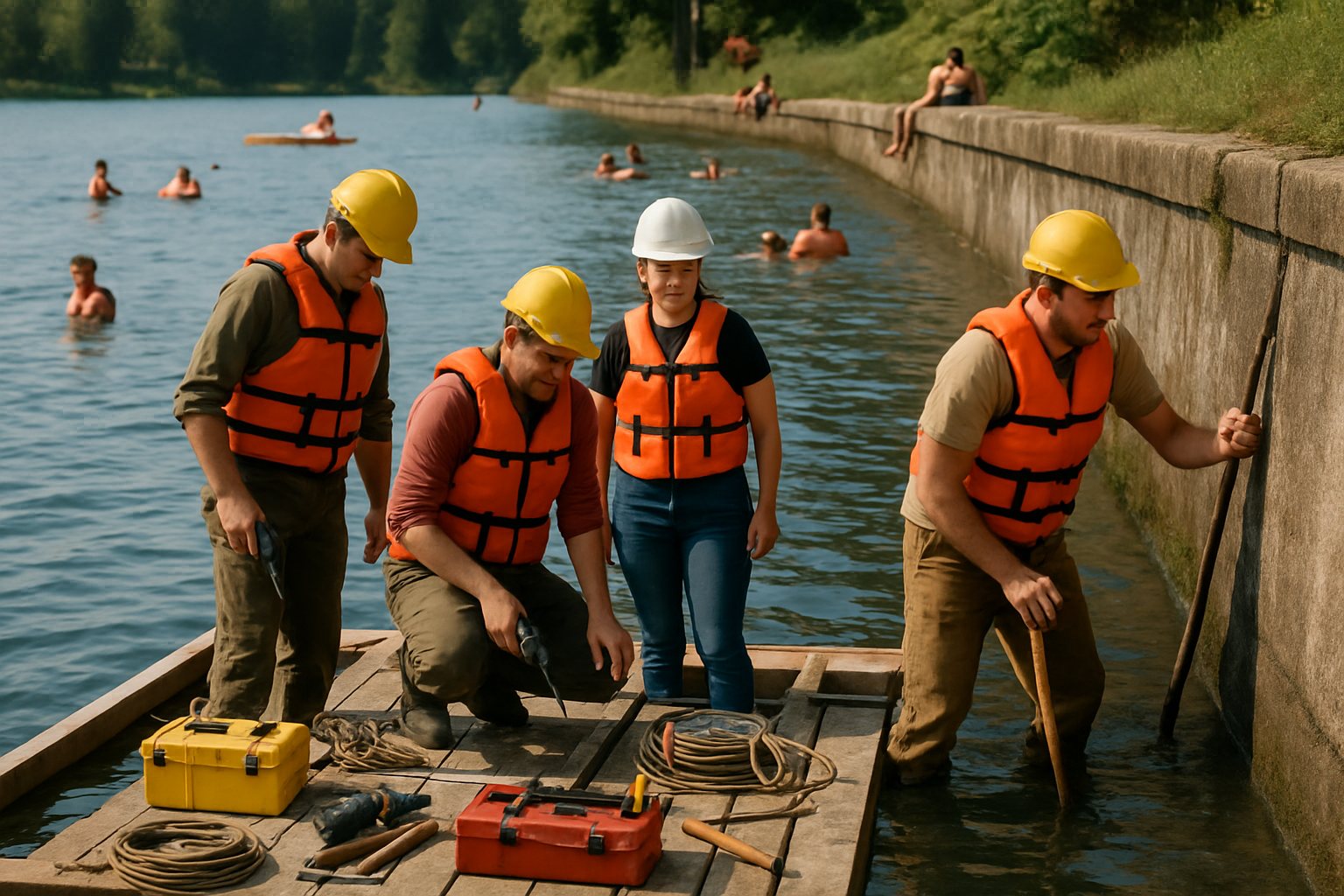 Workers on a floating work platform