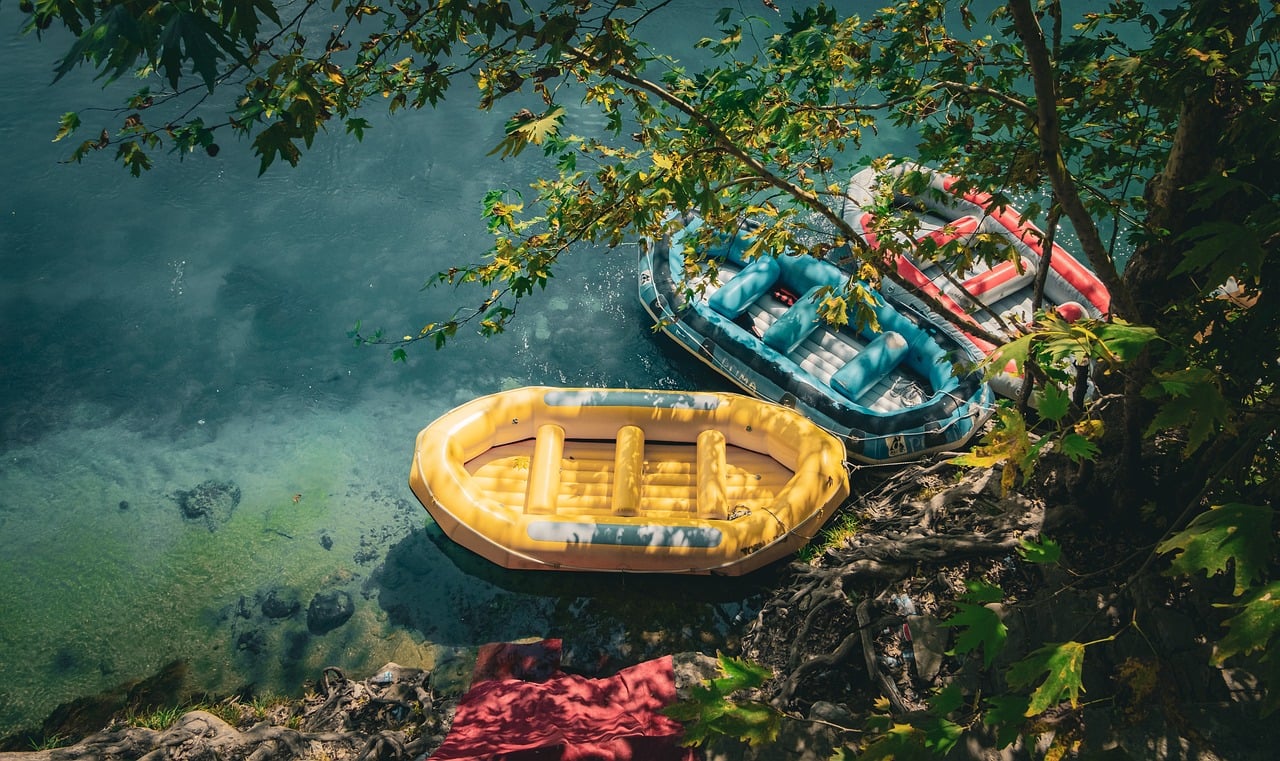 Canoe, raft, river, water, tree, leaves, nature, panorama, outdoor, buoy, relaxation, summer, adventure, sunny, recreation, rest, boating, calm, scenic, roots, holiday