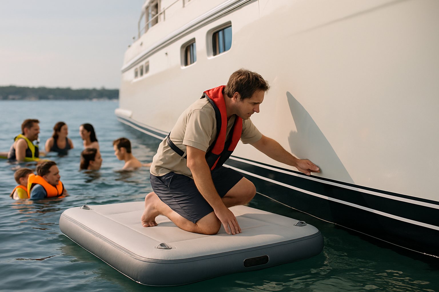 Inspecting a yacht hull from a platform