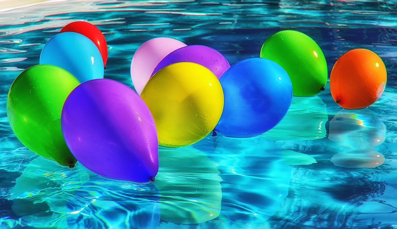 Balloons, colorful, swimming pool, water, water surface, birthday balloons, colorful balloons, pool, rubber balloons, wet, party, nature, celebration, birthday party