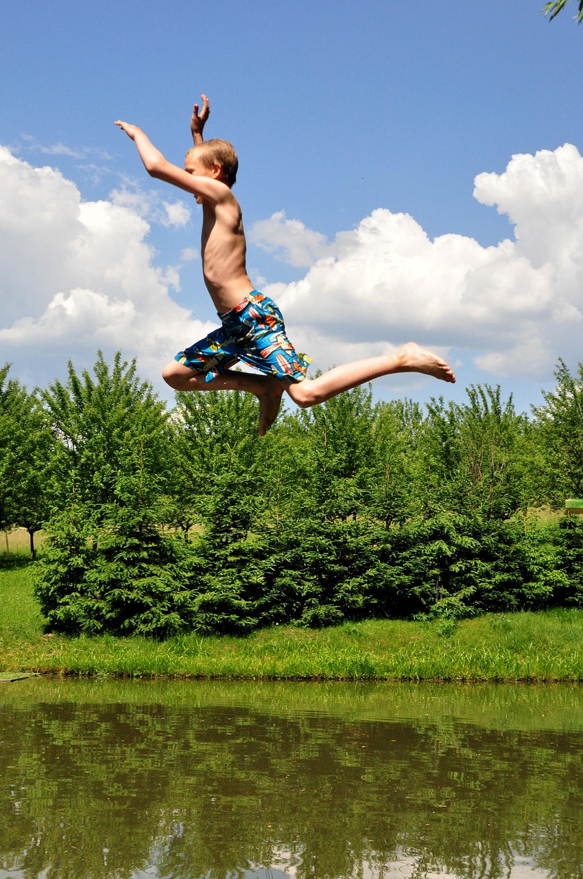 Summer, to bathe, pond, landscape, austria, leisure time, swimming pool, lake, children, vacations, swim, leap, trampoline, fun, nature, dynamics, action, austria, swimming pool, children, children, c