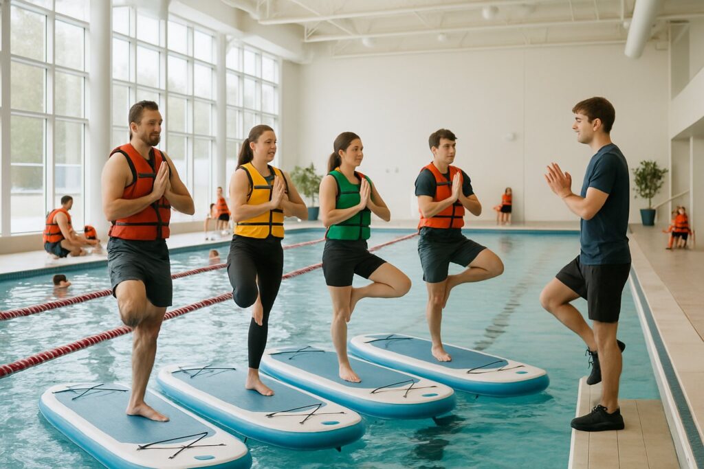 Floating yoga class on inflatable boards in an indoor pool