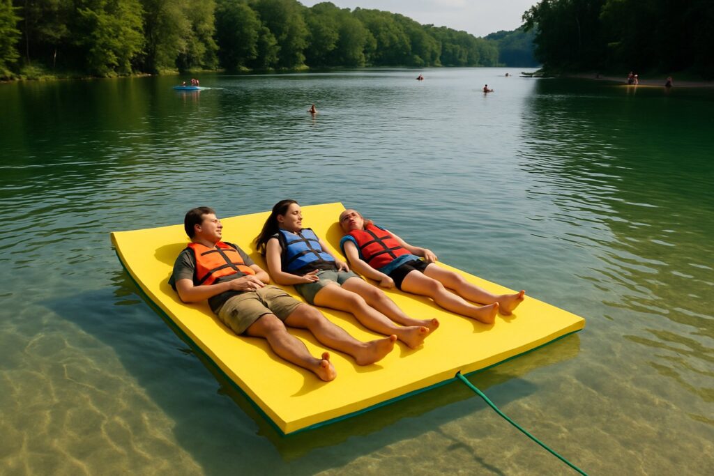 Floating mat anchored in a clear lake cove with friends on it