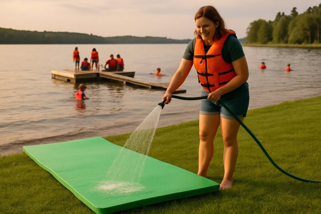 Woman rinsing a lily pad mat with a garden hose on a lakeside lawn