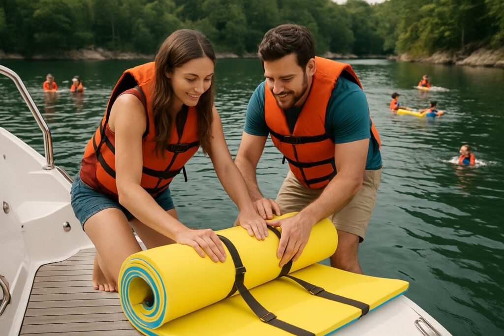 Couple rolling up a foam floating mat on a boat's swim step