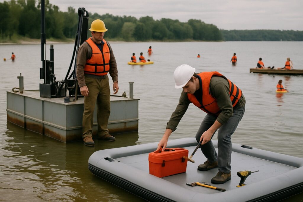 Steel pontoon work barge beside an inflatable work platform