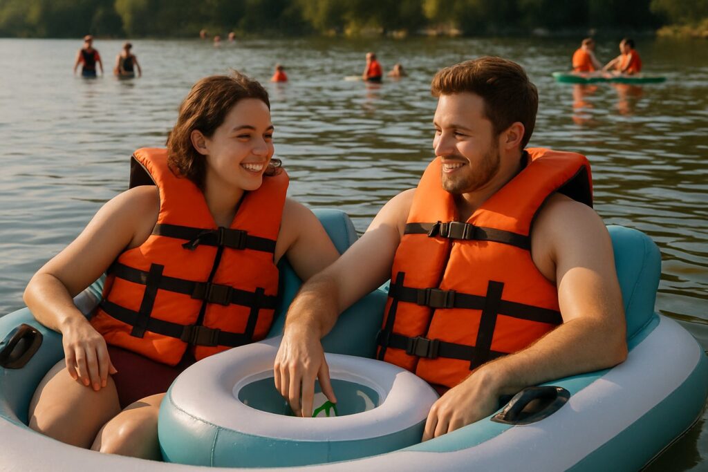 Couple on a two-person floating island with cooler well and backrests