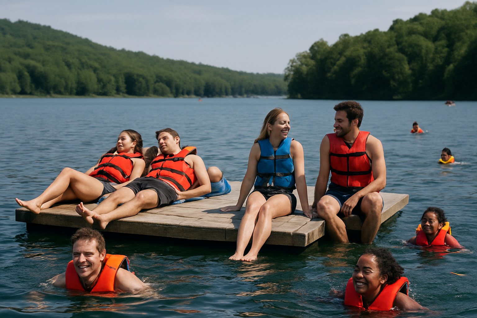 Adults on a lake swim platform