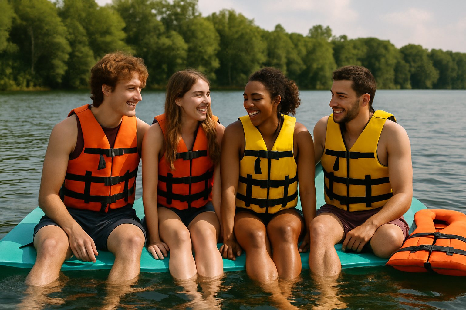 Young adults in life jackets on a floating mat