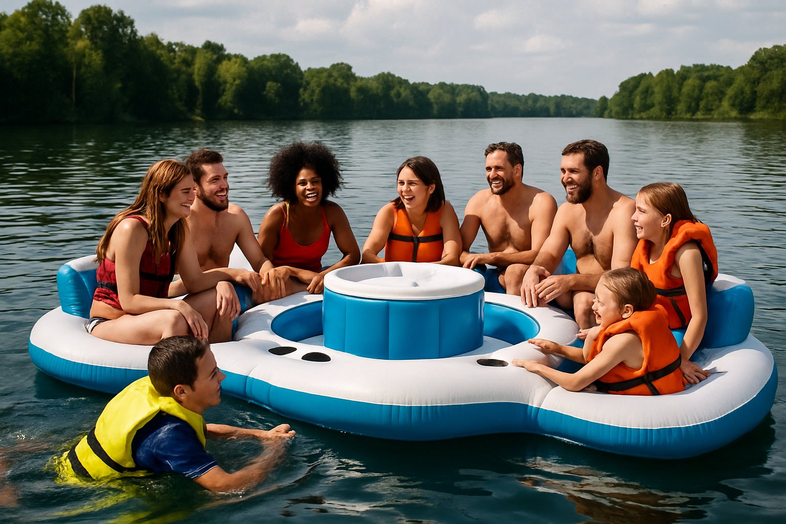 Friends on a large inflatable party island on a lake