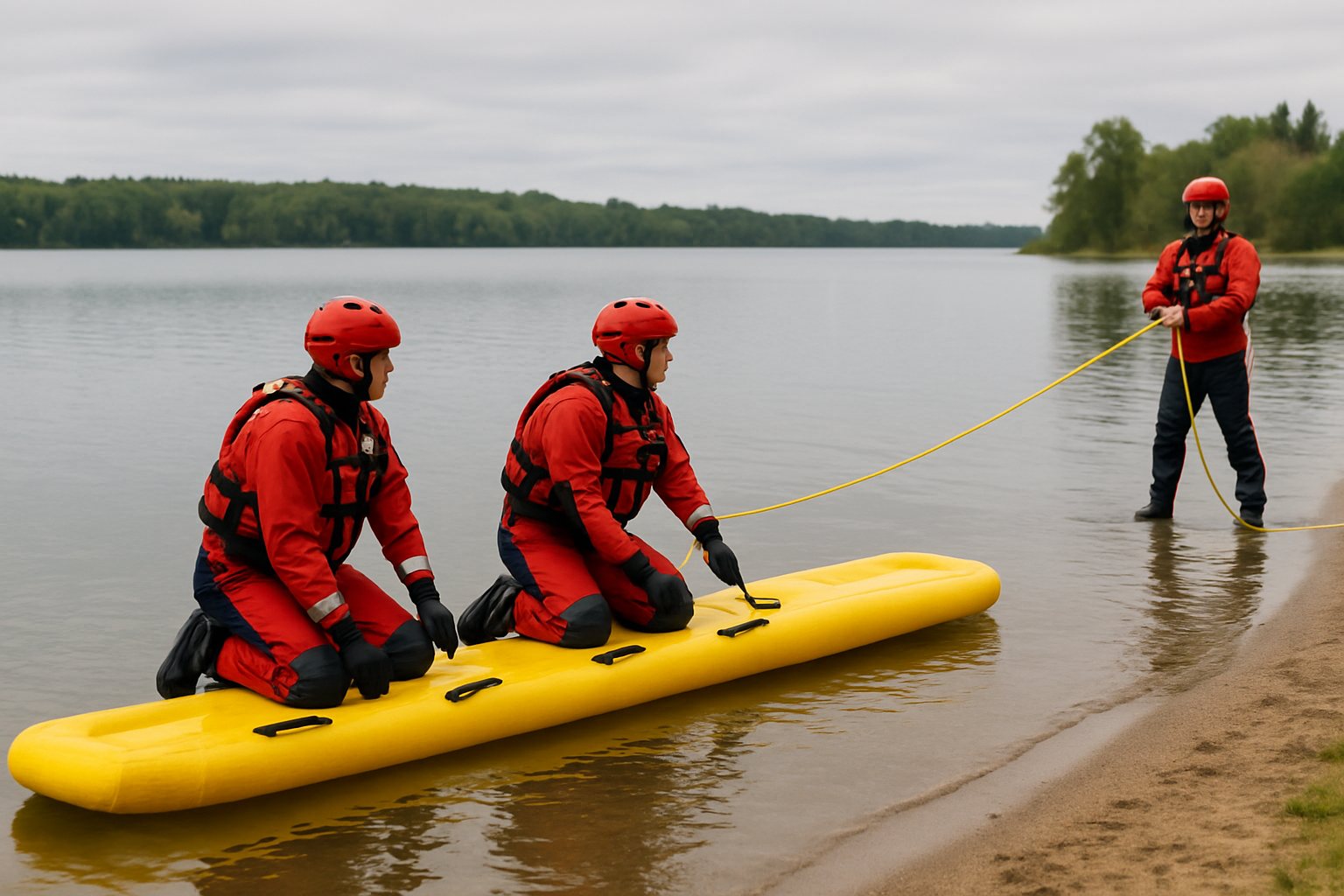 A water rescue crew in helmets and dry suits training with an inflatable rescue platform on a calm lake