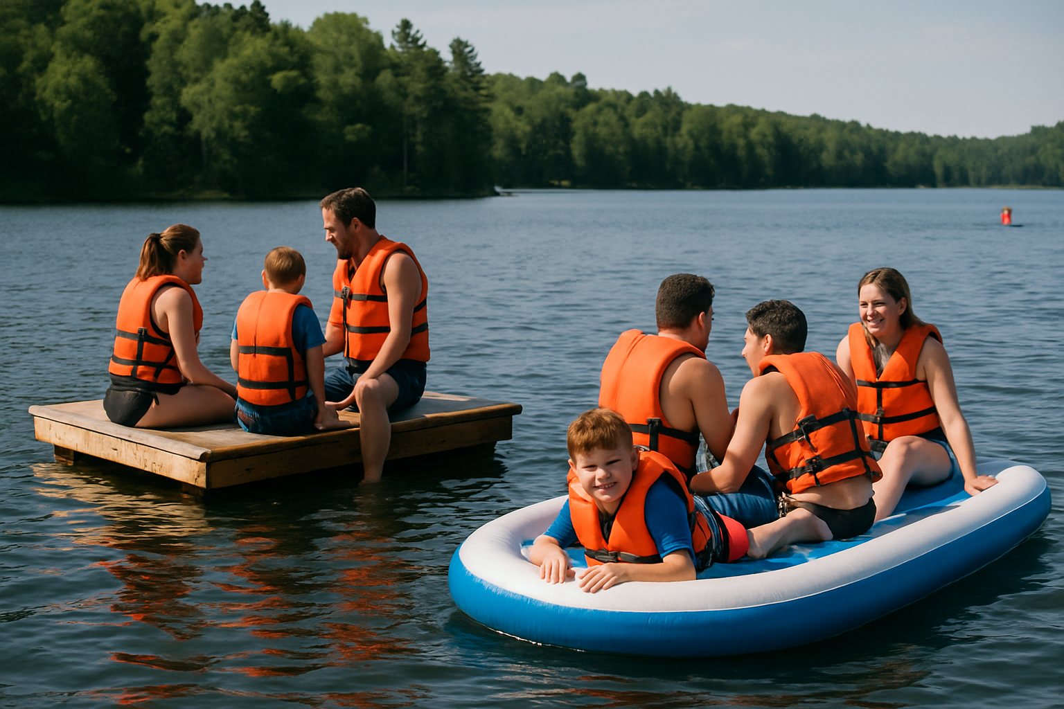 Wooden and inflatable swim rafts