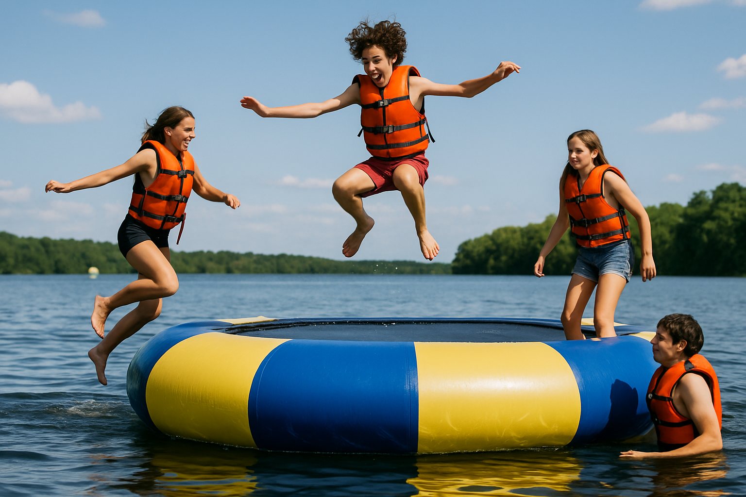 Teenagers in life jackets jumping on a large water trampoline