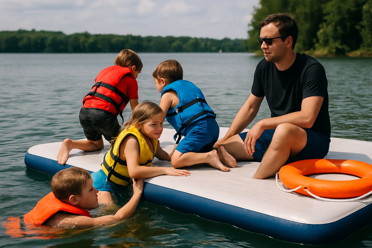 An adult watching kids in life jackets swim near an inflatable platform