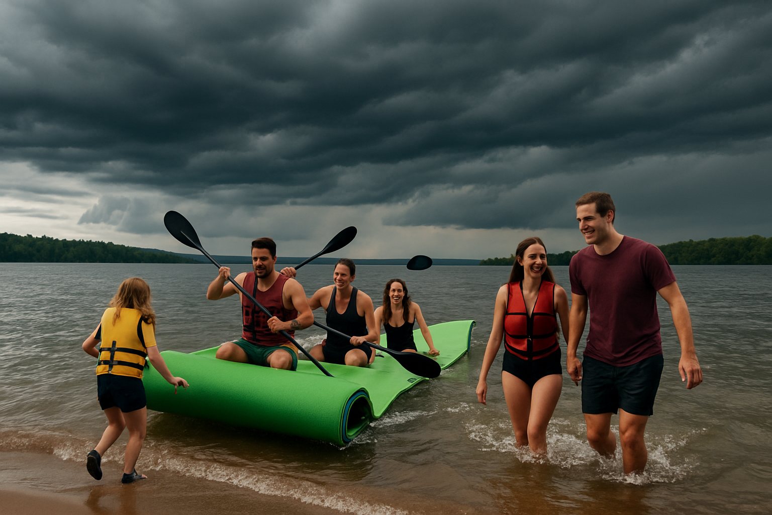 Bringing a floating mat ashore as weather turns