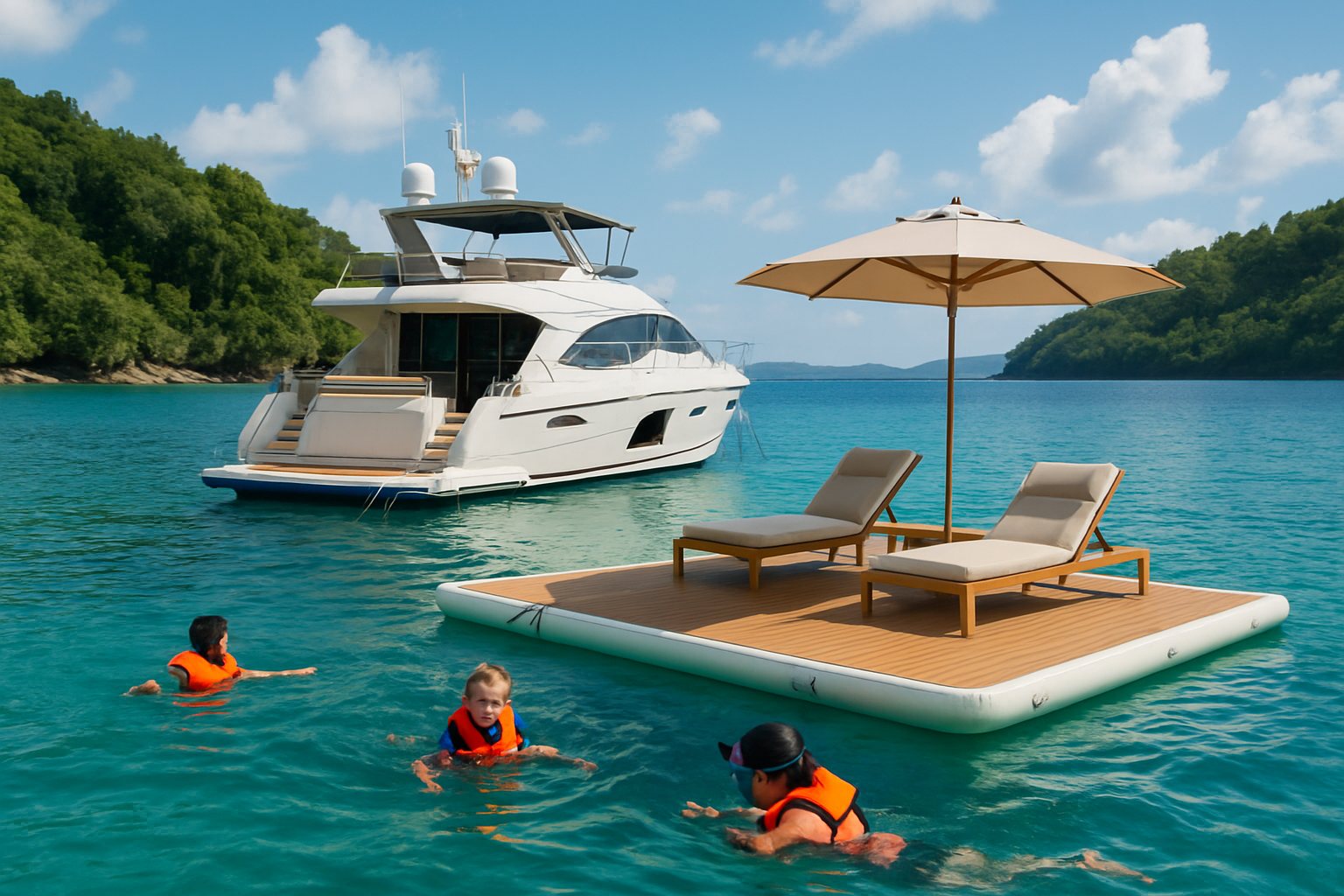 A yacht with a large inflatable platform at the stern used as a beach club